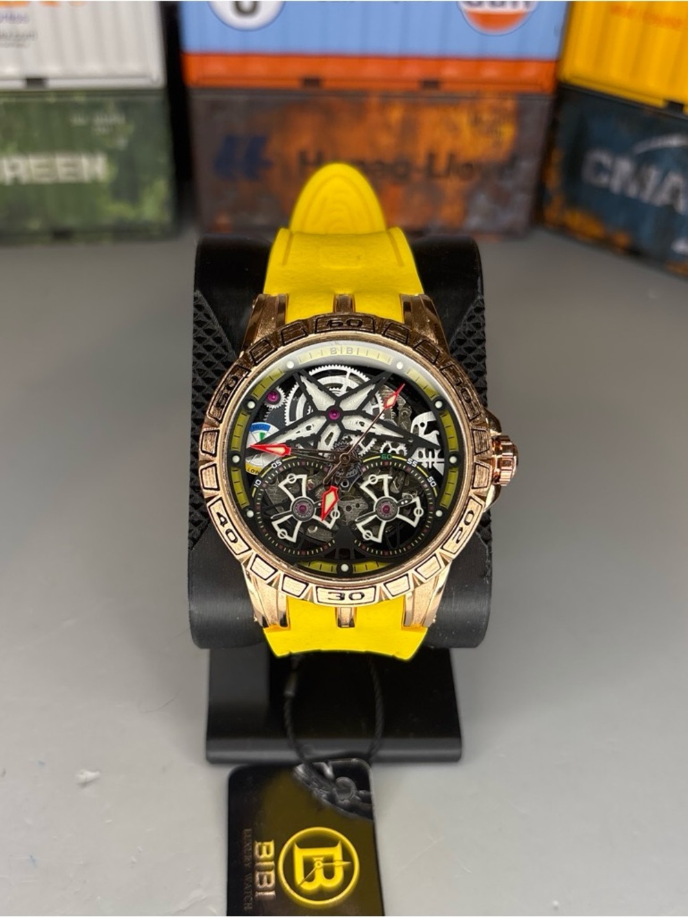 BiBi Automatic Men’s Skeleton Dial Watch with Yellow Strap and Rose Gold Case